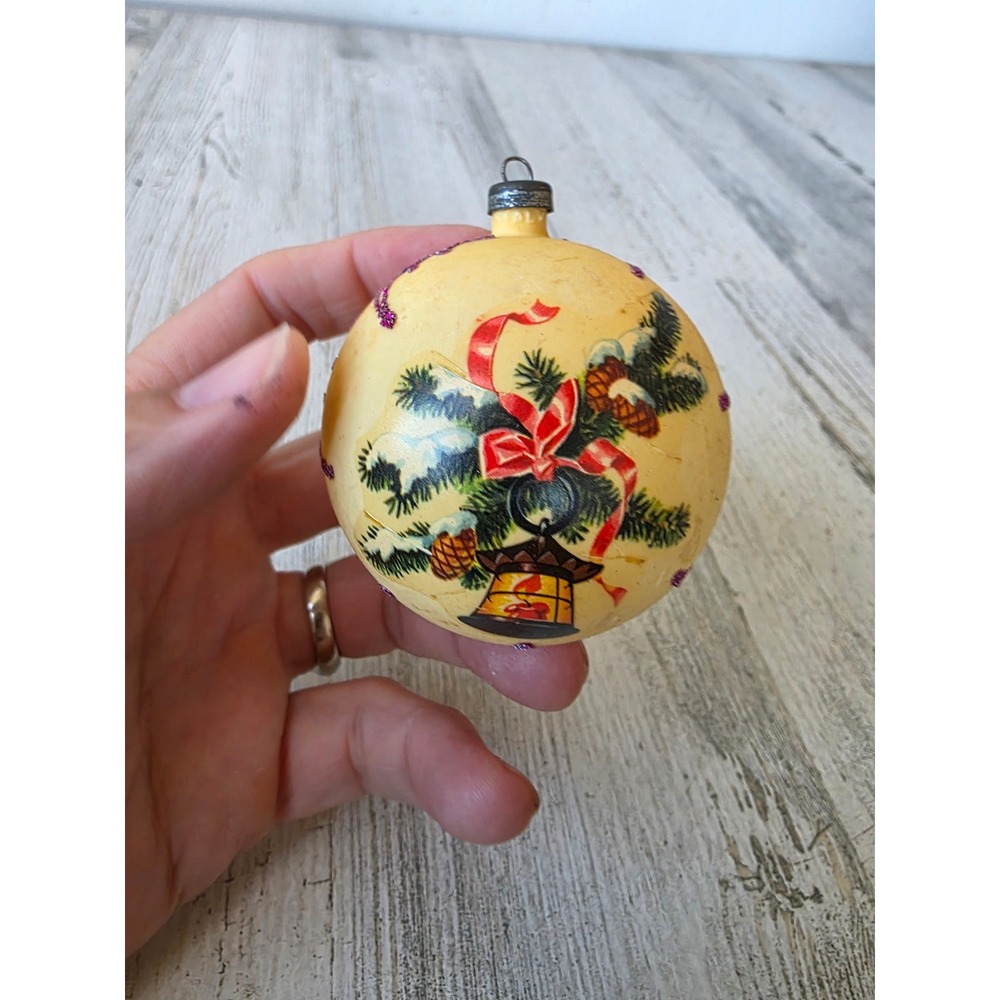 Vintage bell yellow Mica purple plastic japan? Ornament Xmas tree